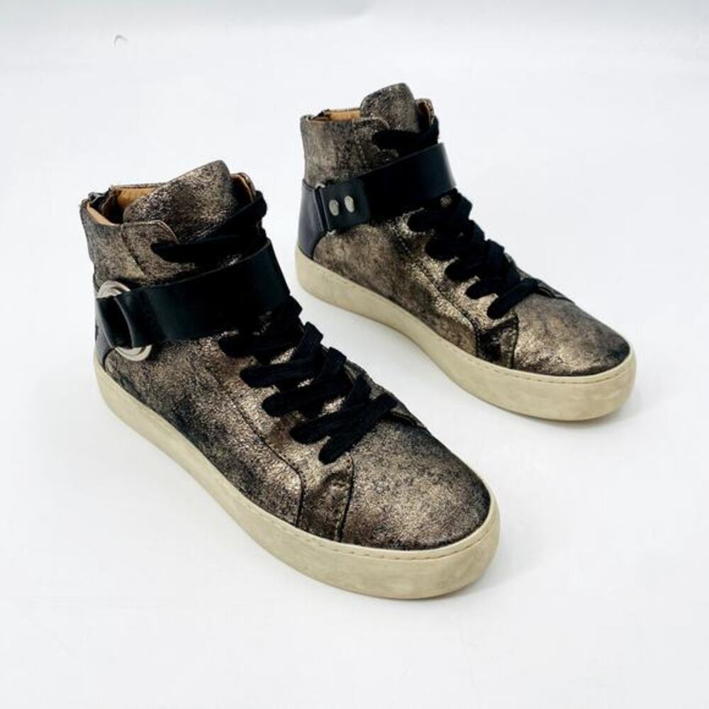 Frye Black Leather Brushed Gold Distressed High‎ Top Sneakers